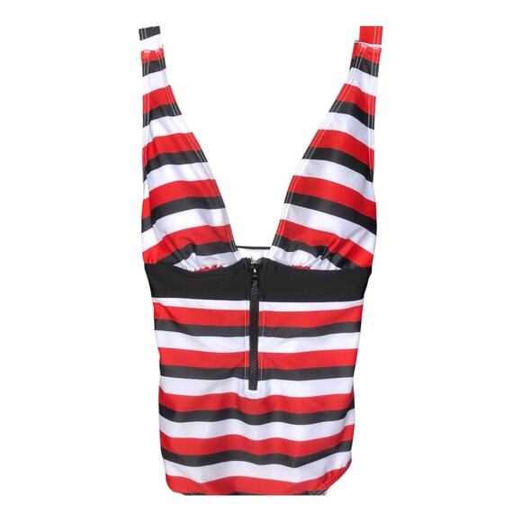 ModCloth NWT Dharla Sporty Red White Black Stripe Sexy Zip One-Piece Swimsuit XS - Picture 6 of 14